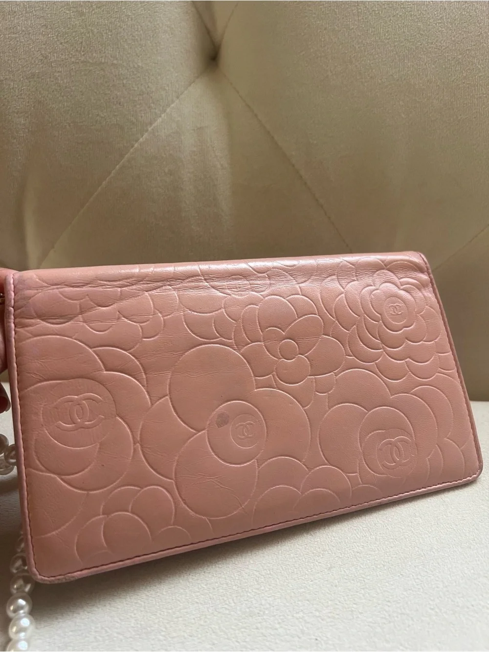 Chanel Camellia Pink Wallet with Pearl crossbody strap